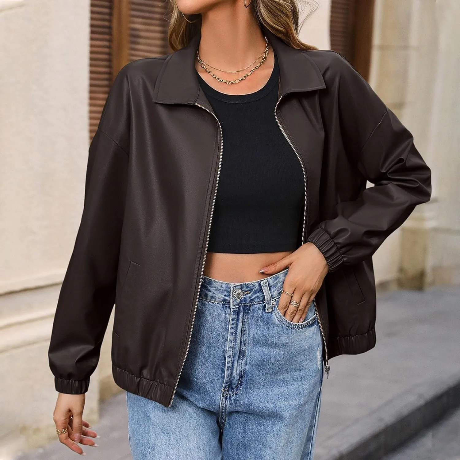 Leather Jacket Women Zip Up Oversized Faux Leather Bomber Jacket Fall 2024 Casual Moto Lapel Winter Jackets Coats