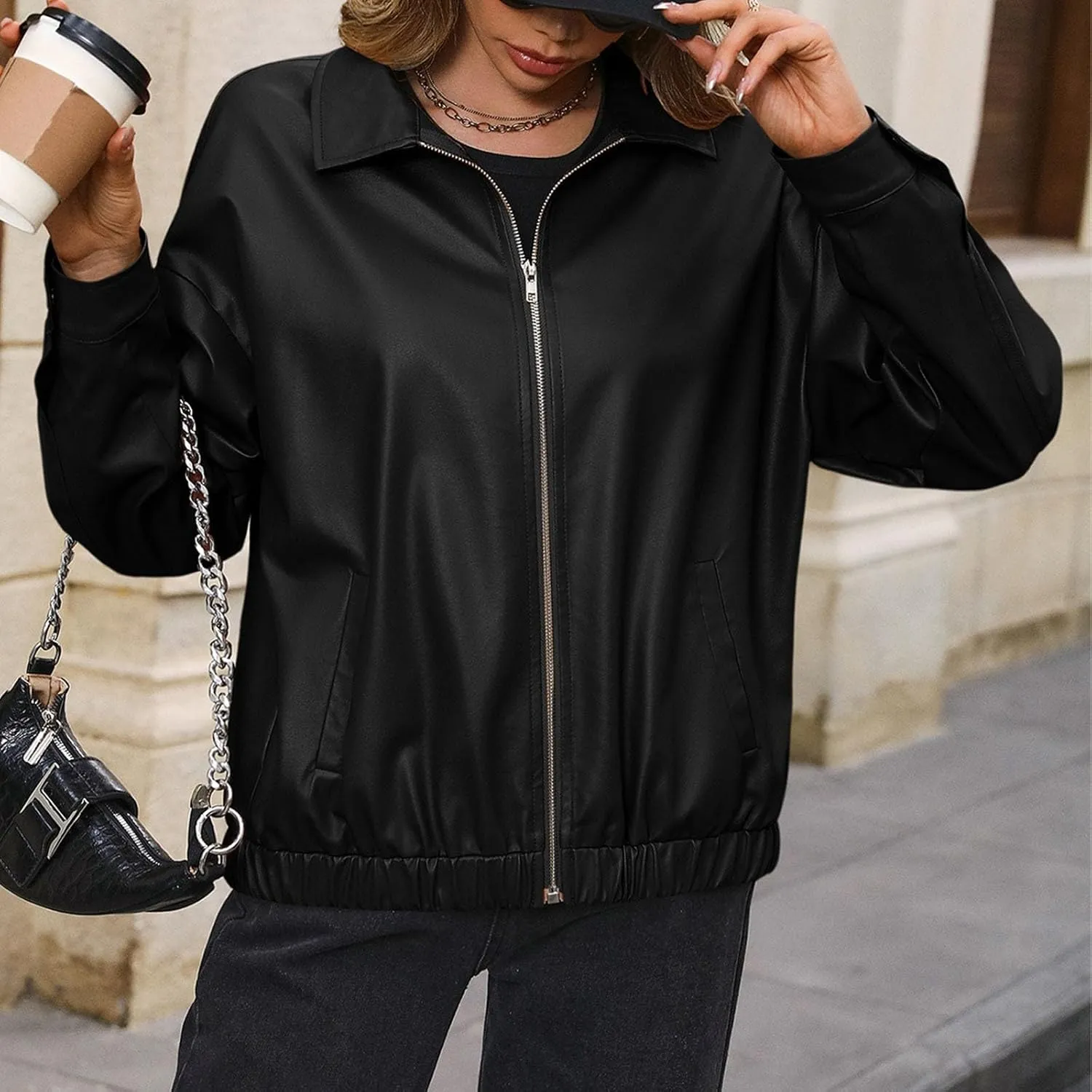 Leather Jacket Women Zip Up Oversized Faux Leather Bomber Jacket Fall 2024 Casual Moto Lapel Winter Jackets Coats