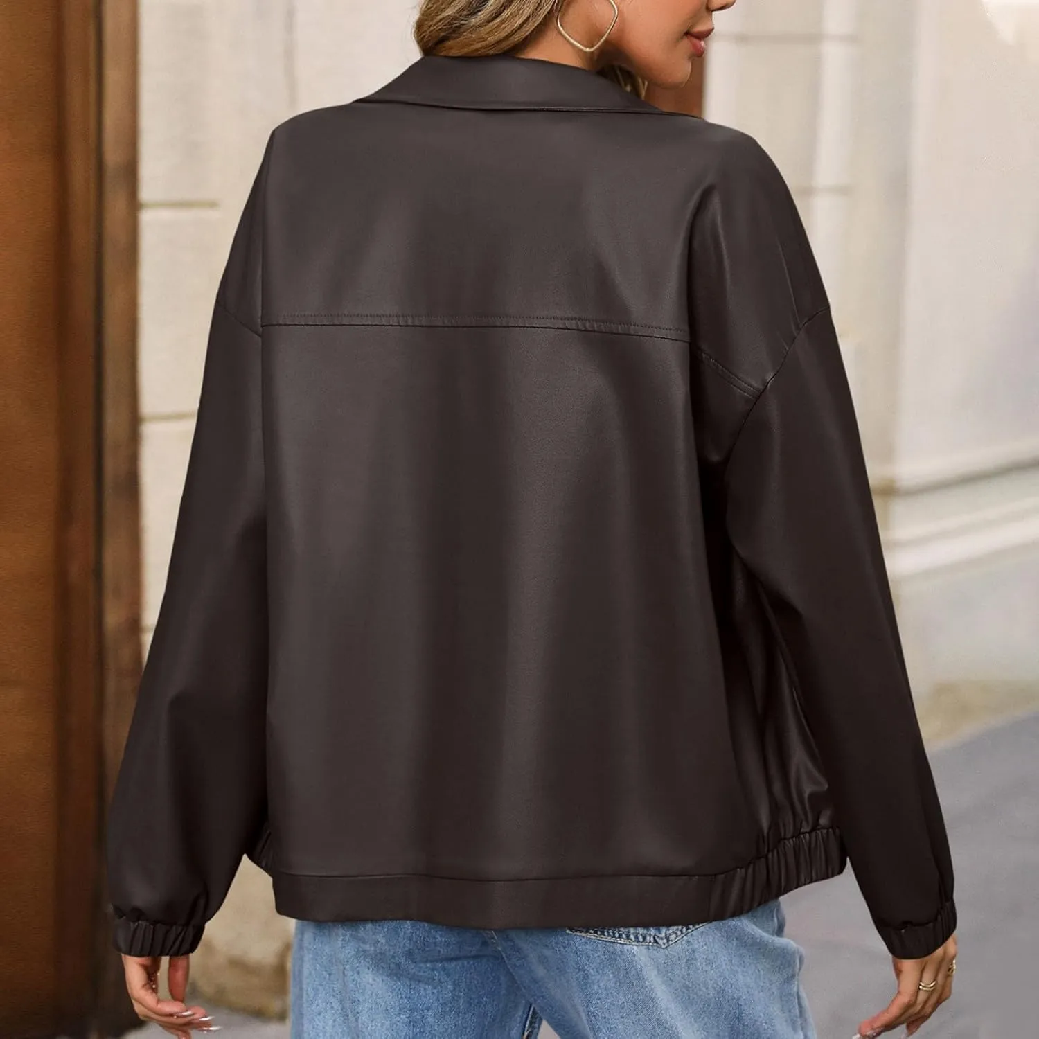Leather Jacket Women Zip Up Oversized Faux Leather Bomber Jacket Fall 2024 Casual Moto Lapel Winter Jackets Coats