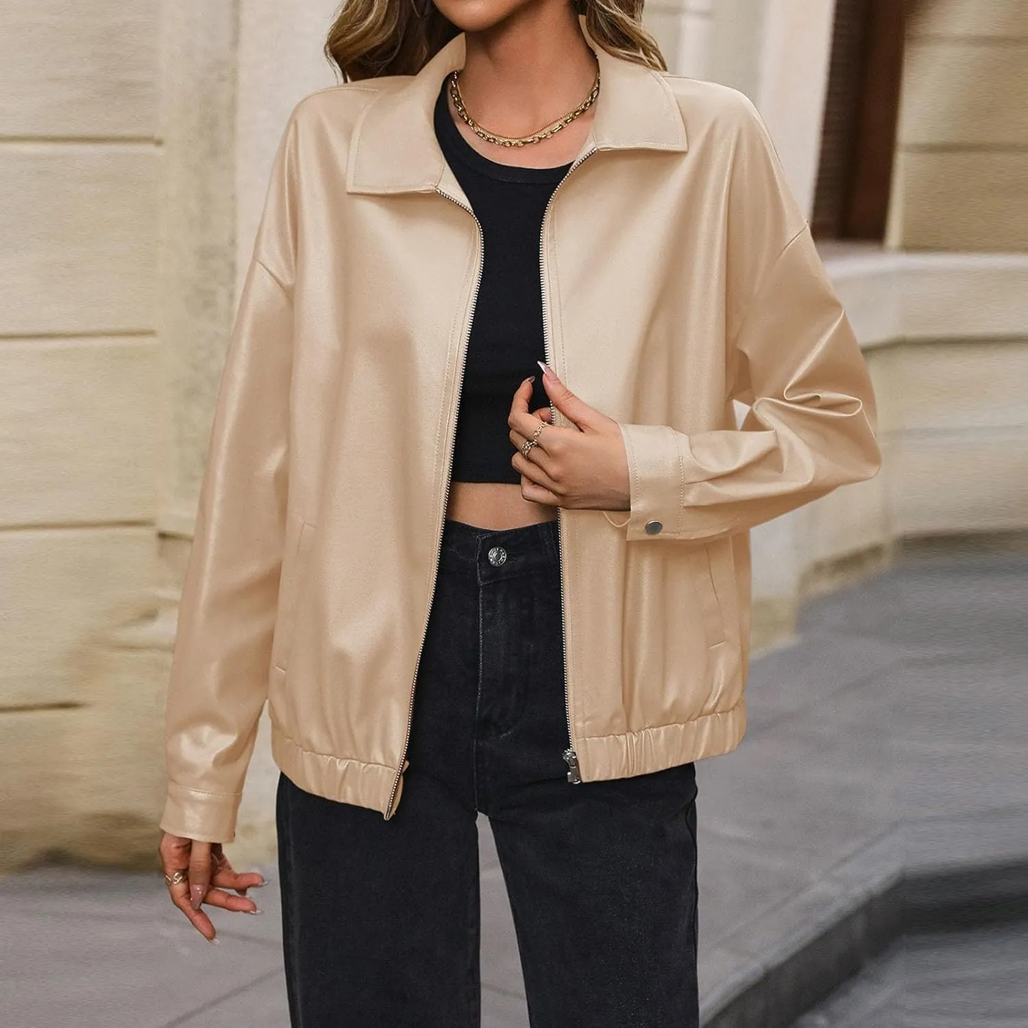 Leather Jacket Women Zip Up Oversized Faux Leather Bomber Jacket Fall 2024 Casual Moto Lapel Winter Jackets Coats