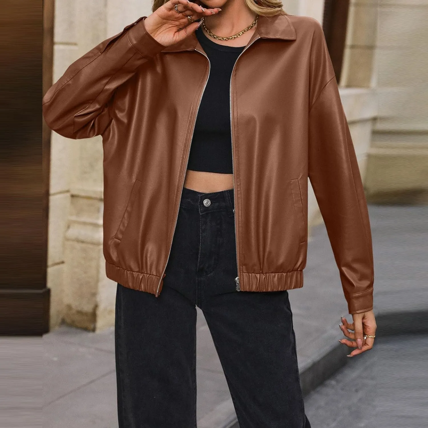 Leather Jacket Women Zip Up Oversized Faux Leather Bomber Jacket Fall 2024 Casual Moto Lapel Winter Jackets Coats