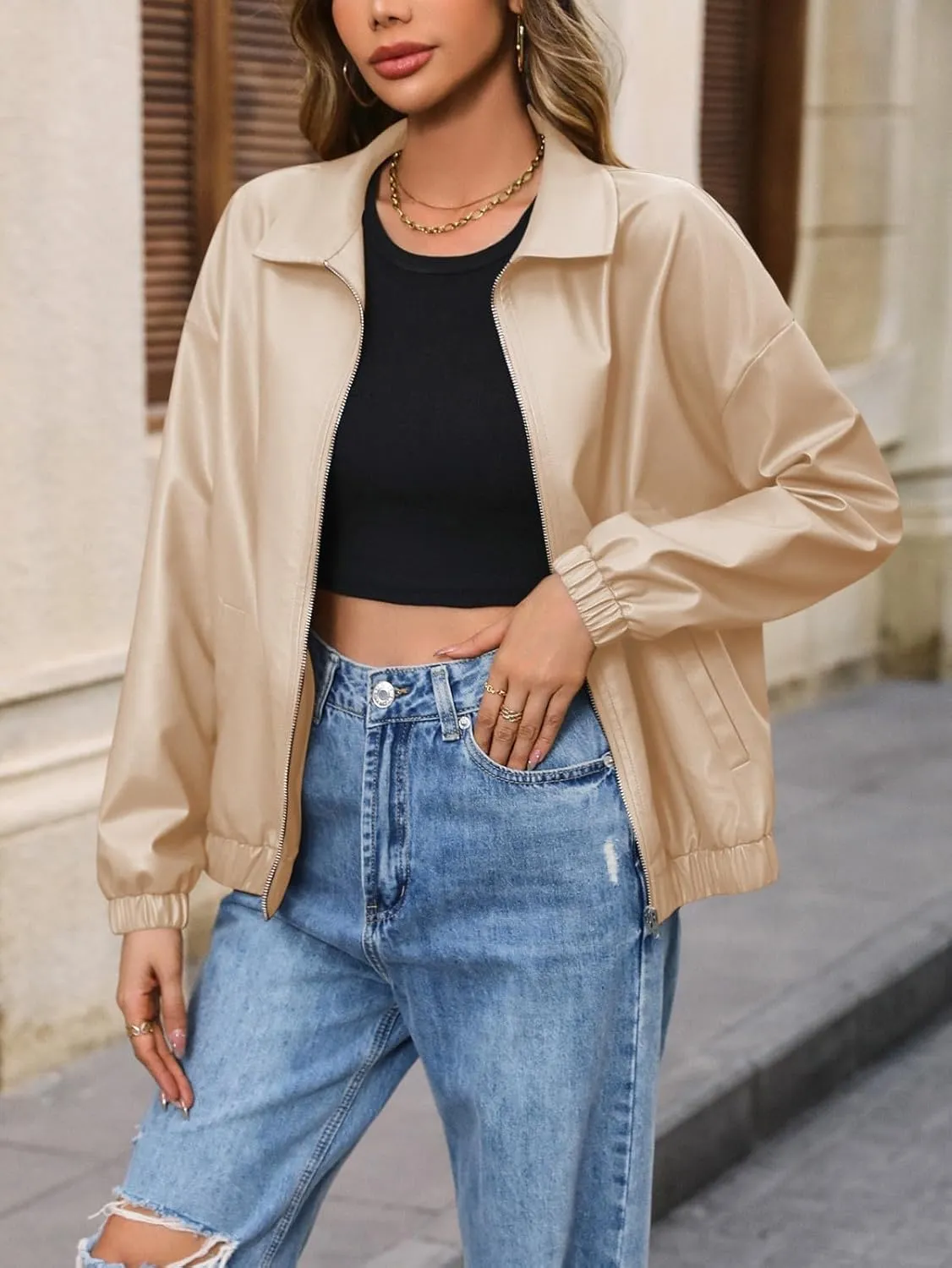 Leather Jacket Women Zip Up Oversized Faux Leather Bomber Jacket Fall 2024 Casual Moto Lapel Winter Jackets Coats