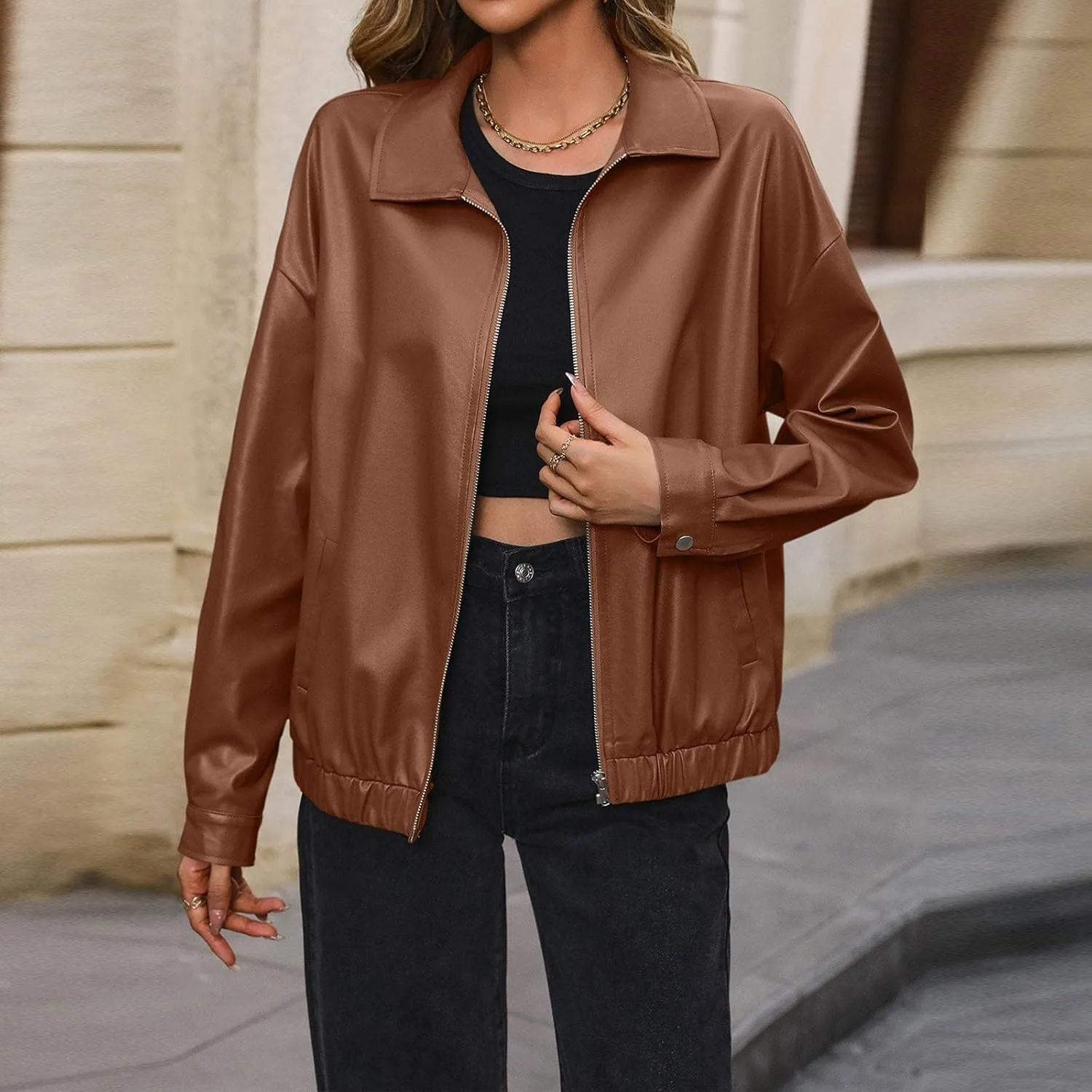 Leather Jacket Women Zip Up Oversized Faux Leather Bomber Jacket Fall 2024 Casual Moto Lapel Winter Jackets Coats