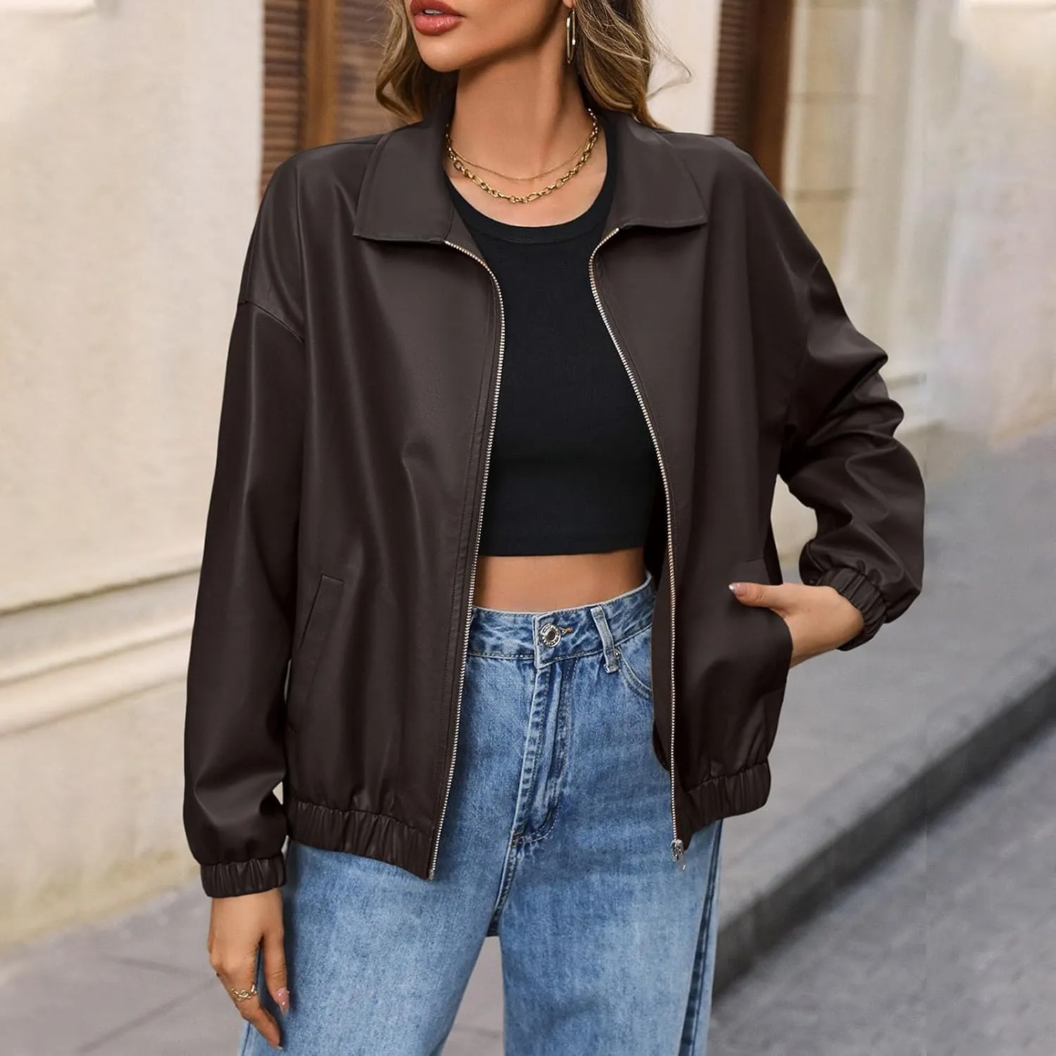 Leather Jacket Women Zip Up Oversized Faux Leather Bomber Jacket Fall 2024 Casual Moto Lapel Winter Jackets Coats