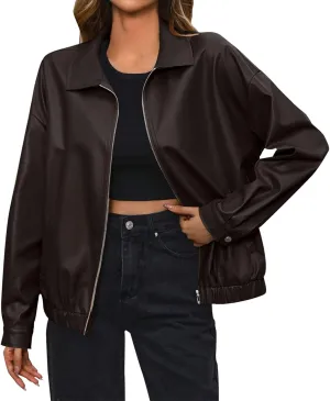 Leather Jacket Women Zip Up Oversized Faux Leather Bomber Jacket Fall 2024 Casual Moto Lapel Winter Jackets Coats