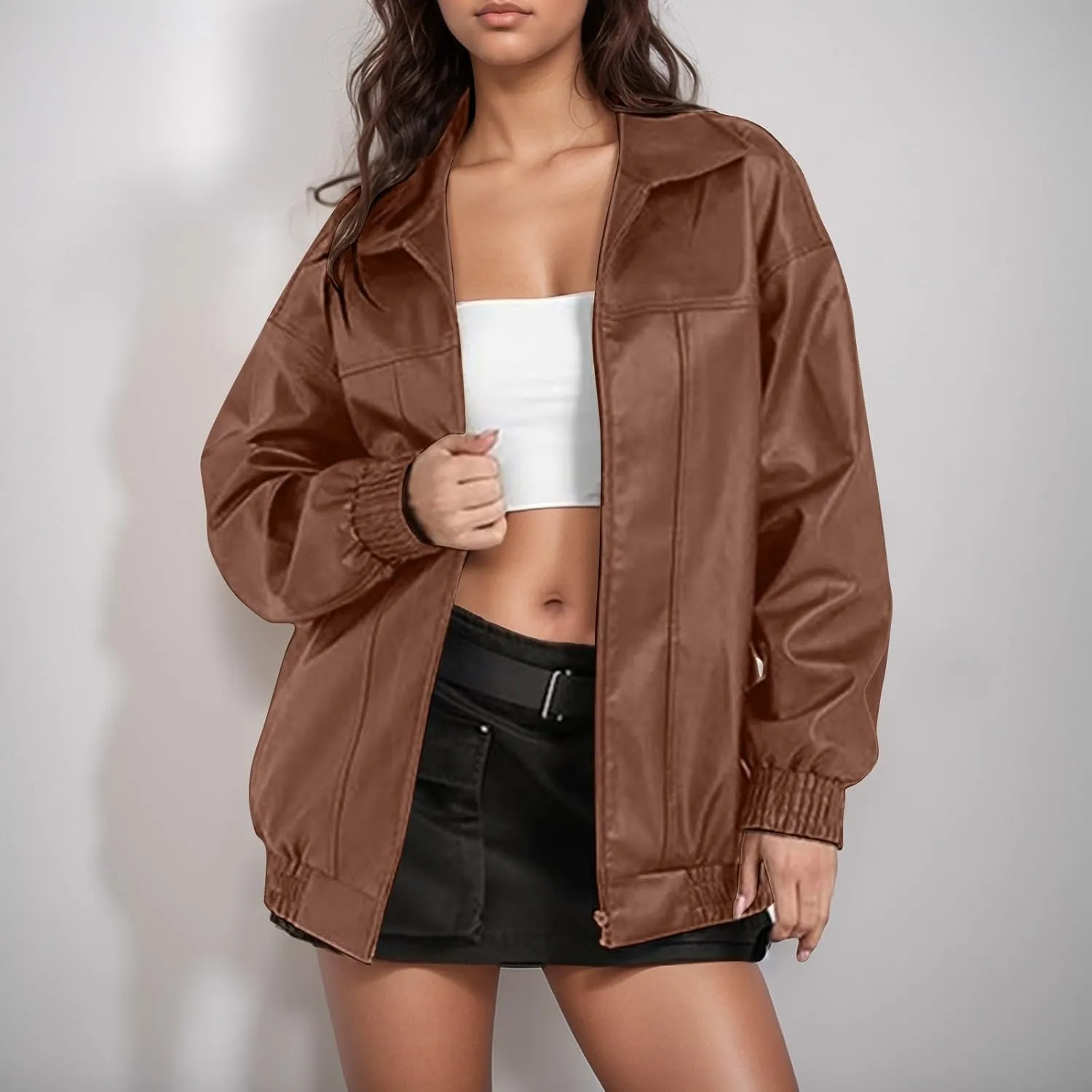 Leather Jackets for Women Long Sleeve Lapel Full Zip Lightweight Jacket Loose Fit Casual Windbreaker Athletic Jacket