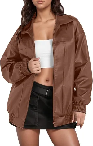Leather Jackets for Women Long Sleeve Lapel Full Zip Lightweight Jacket Loose Fit Casual Windbreaker Athletic Jacket