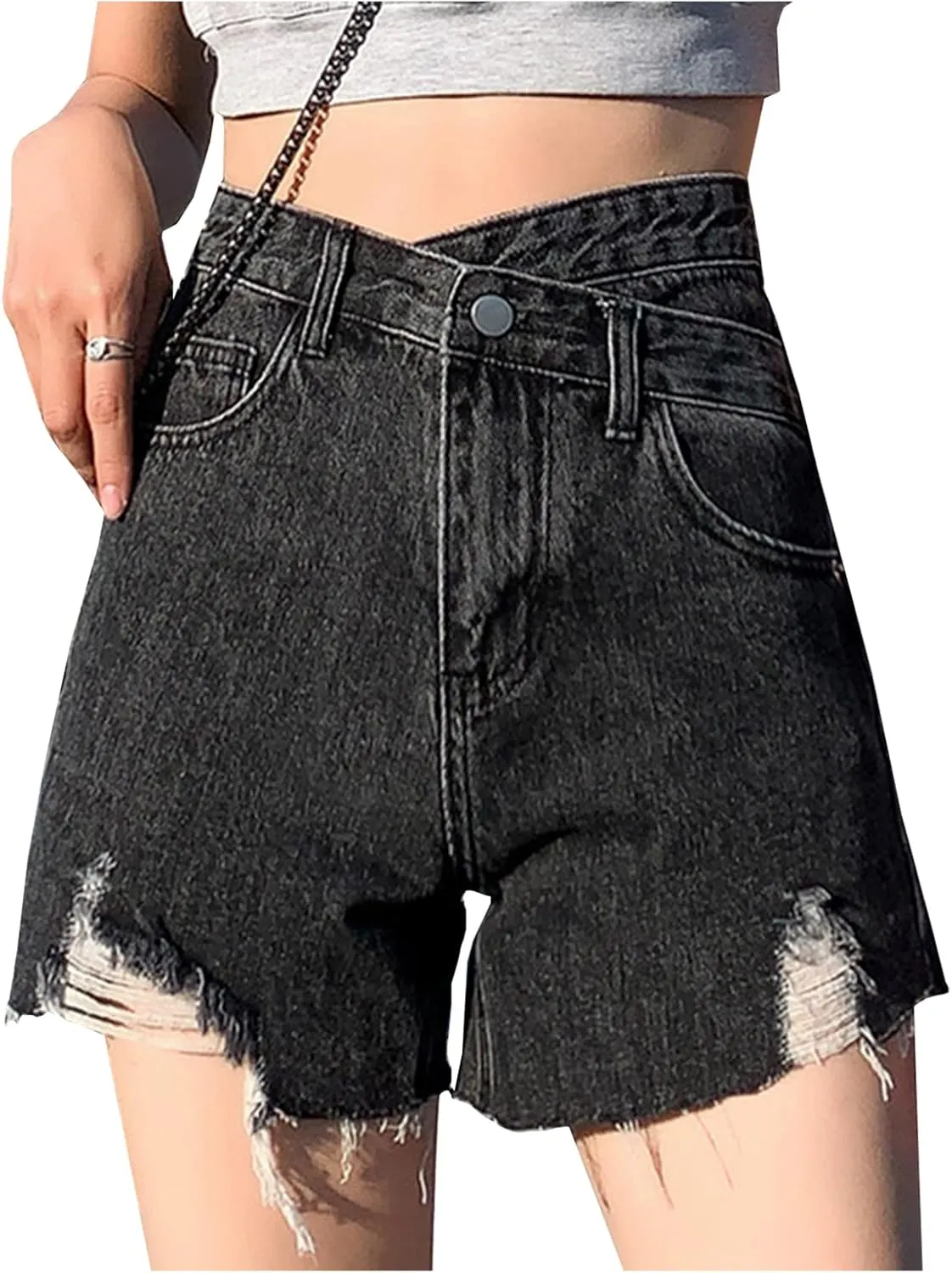 LifeShe Women's Juniors Criss Crossover Jean Shorts High Waisted Ripped Distressed Denim Shorts Summer Hot Jeans