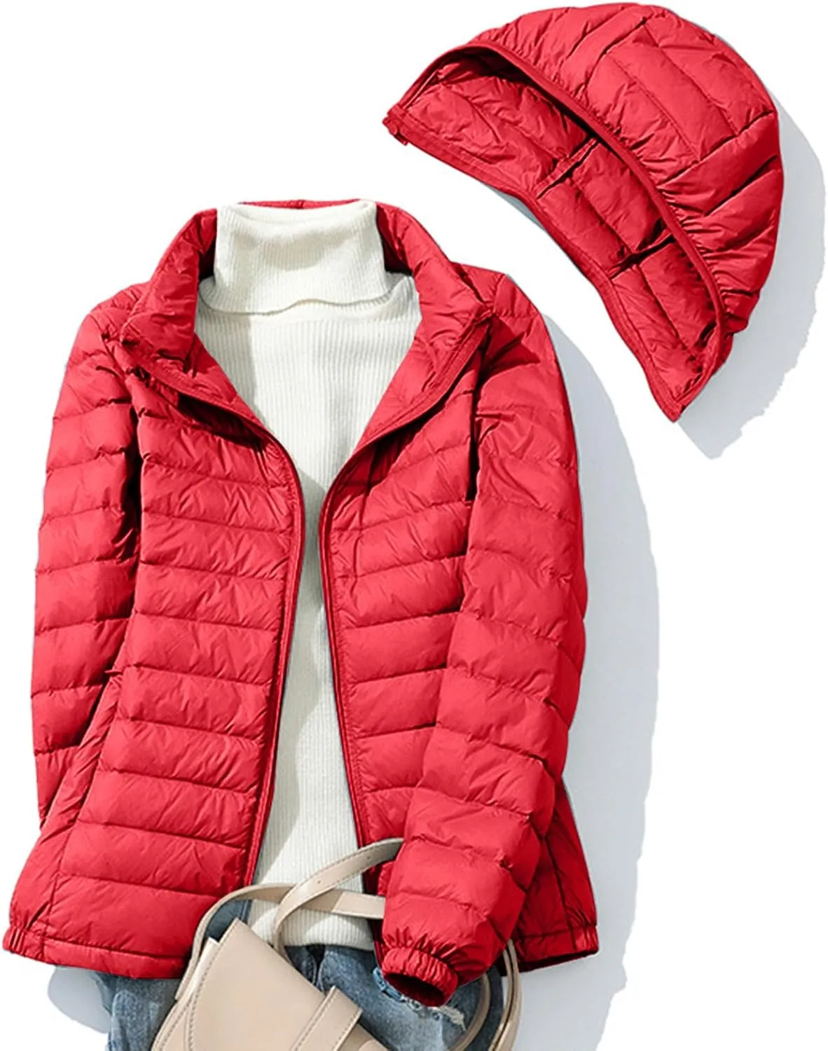 Lightweight Jackets for Women with Hood Winter Long Sleeve Zip Down Coat Solid Color Warm Casual Puffer Jacket