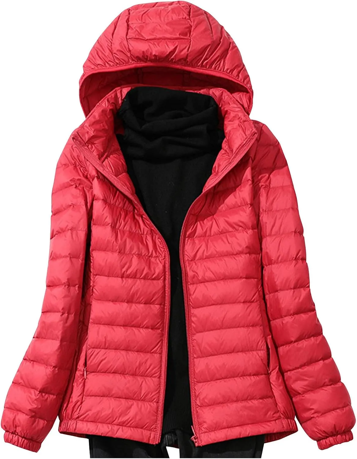 Lightweight Jackets for Women with Hood Winter Long Sleeve Zip Down Coat Solid Color Warm Casual Puffer Jacket