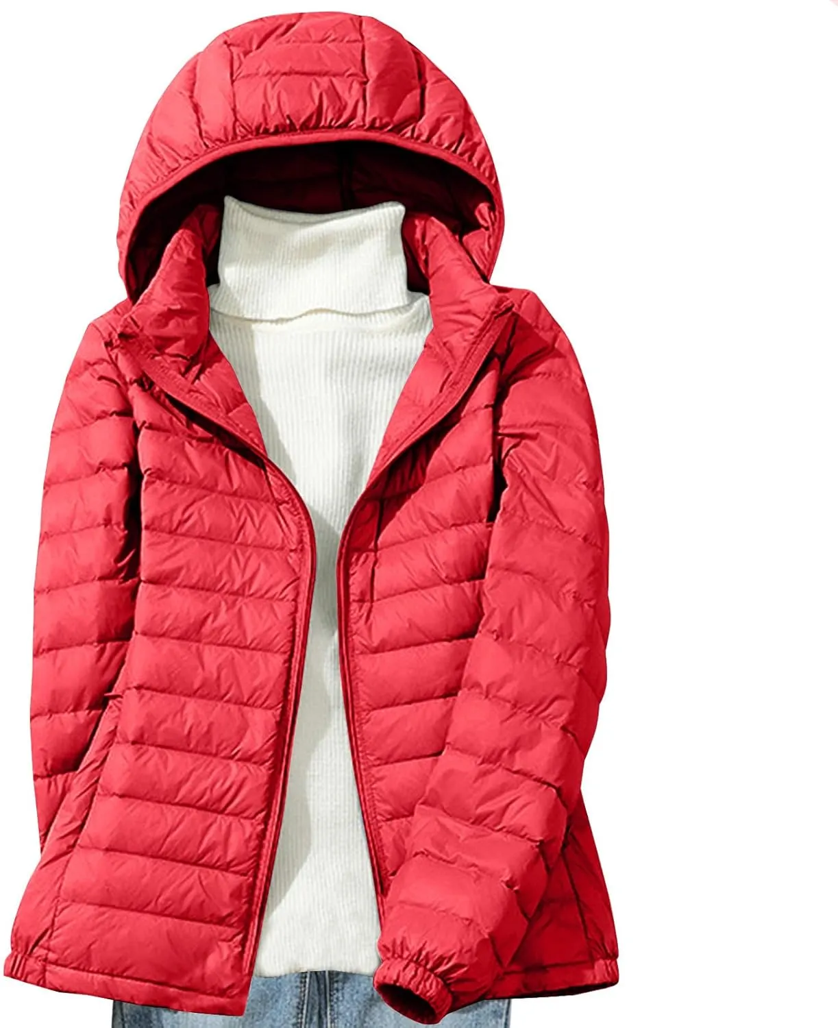 Lightweight Jackets for Women with Hood Winter Long Sleeve Zip Down Coat Solid Color Warm Casual Puffer Jacket