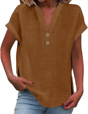 Linen T Shirts for Women Button Tops V Neck Summer Short Sleeve Dressy Blouse Loose Casual Basic Vacation