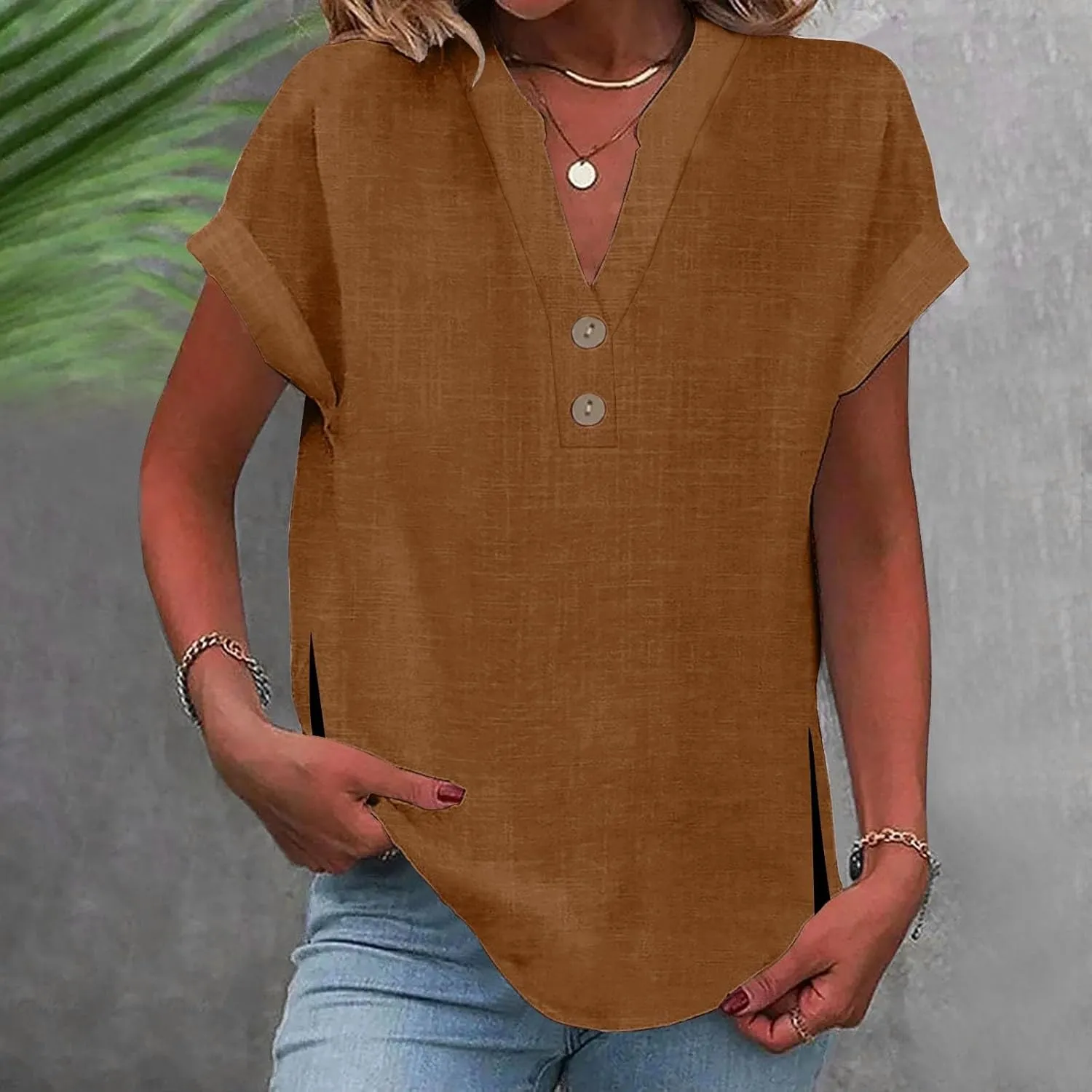 Linen T Shirts for Women Button Tops V Neck Summer Short Sleeve Dressy Blouse Loose Casual Basic Vacation