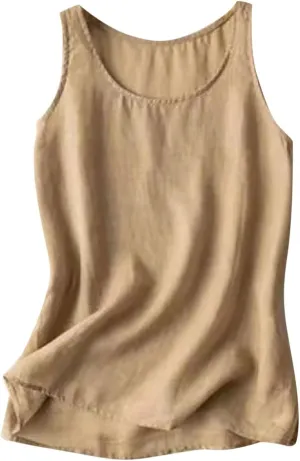 Linen Tank Tops for Women 2024 Summer Vacation Lounge Tees Loose Fit Sleeveless Scoop Neck Shirts Lightweight Tshirts