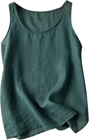 Linen Tank Tops for Women 2024 Summer Vacation Lounge Tees Loose Fit Sleeveless Scoop Neck Shirts Lightweight Tshirts