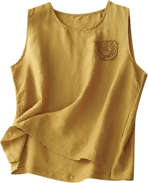 Linen Tank Tops for Women 2024 Summer Vacation Lounge Tees Loose Fit Sleeveless Scoop Neck Shirts Lightweight Tshirts