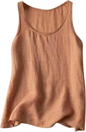 Linen Tank Tops for Women 2024 Summer Vacation Lounge Tees Loose Fit Sleeveless Scoop Neck Shirts Lightweight Tshirts