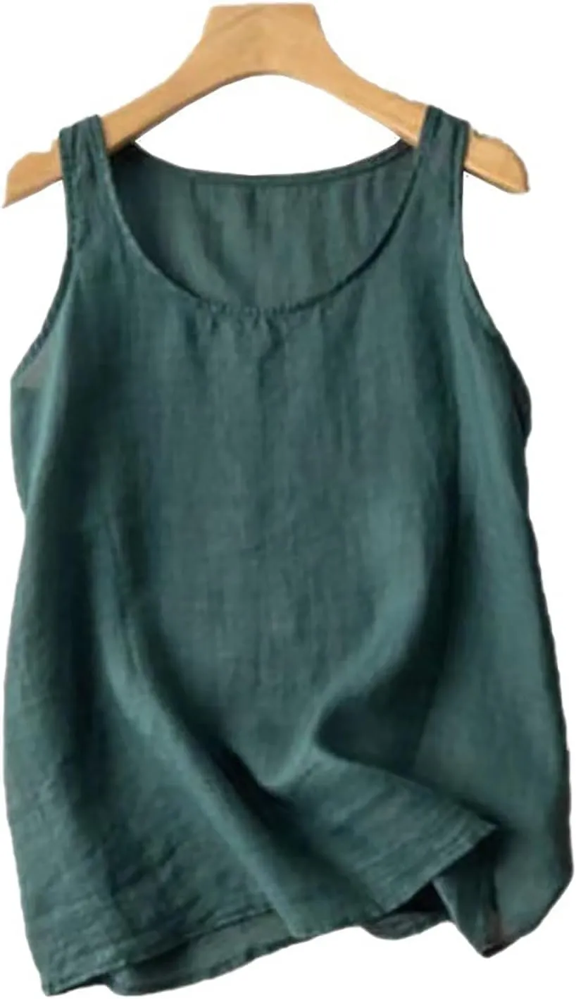 Linen Tank Tops for Women 2024 Summer Vacation Lounge Tees Loose Fit Sleeveless Scoop Neck Shirts Lightweight Tshirts