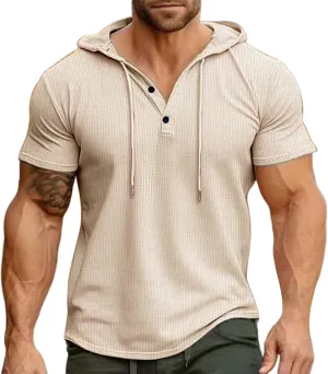 Litetao Short Sleeve Hoodie Shirts for Men Workout Gym Sweatshirt Fashion Athletic Muscle Pullover Comfy Hooded T-Shirts