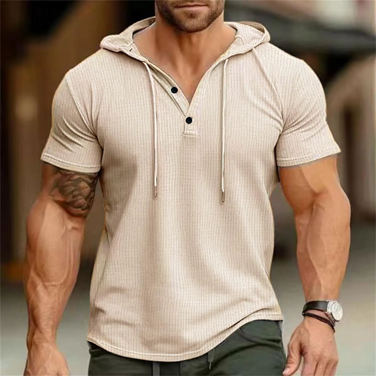 Litetao Short Sleeve Hoodie Shirts for Men Workout Gym Sweatshirt Fashion Athletic Muscle Pullover Comfy Hooded T-Shirts