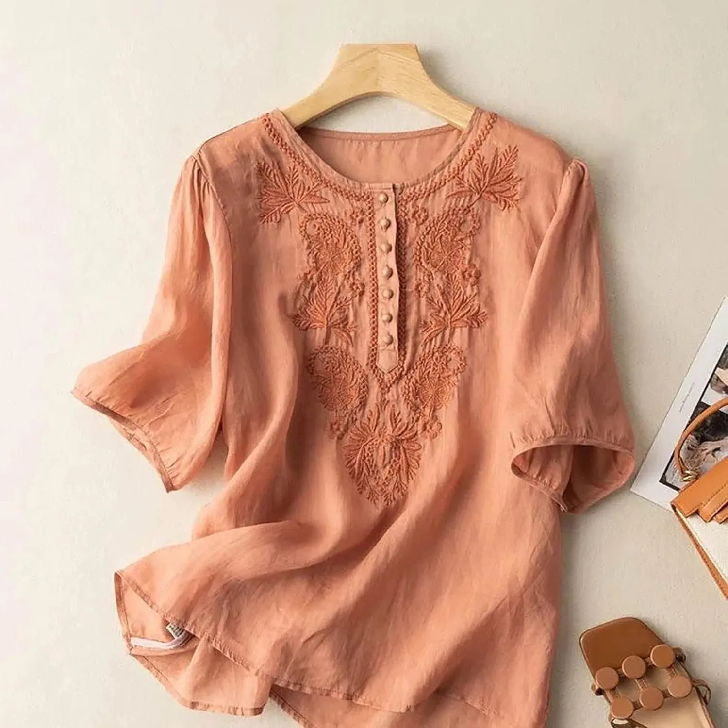 Lmdudan 2025 Boho Embroidered Tops for Women Cotton Linen Peasant Blouses Summer Short Sleeve Bohemian Shirts Tees Tunics