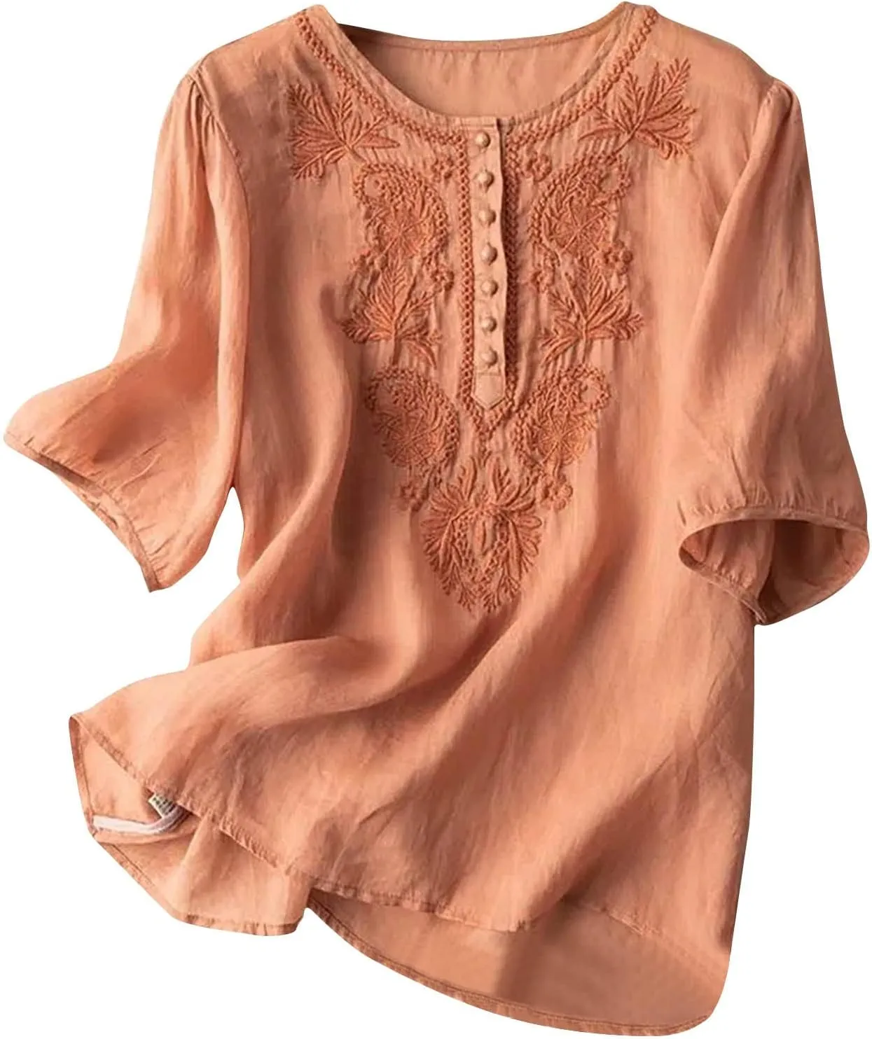 Lmdudan 2025 Boho Embroidered Tops for Women Cotton Linen Peasant Blouses Summer Short Sleeve Bohemian Shirts Tees Tunics