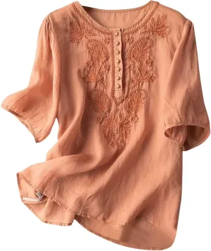 Lmdudan 2025 Boho Embroidered Tops for Women Cotton Linen Peasant Blouses Summer Short Sleeve Bohemian Shirts Tees Tunics