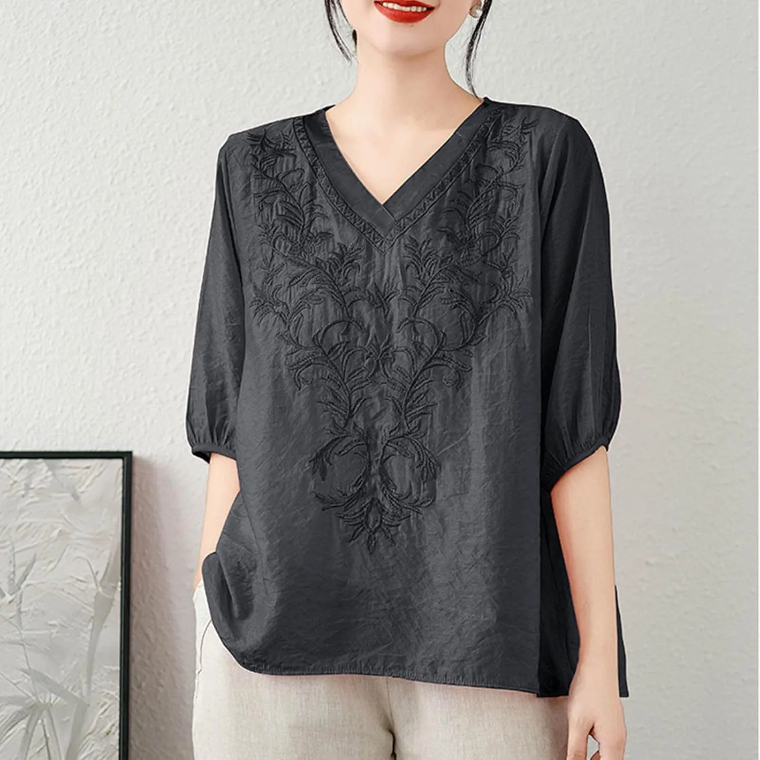 Lmdudan 2025 Summer Embroidered Tops for Women Cotton Linen Tees Half Sleeve V Neck Blouses Breathable Soft Comfy Shirts