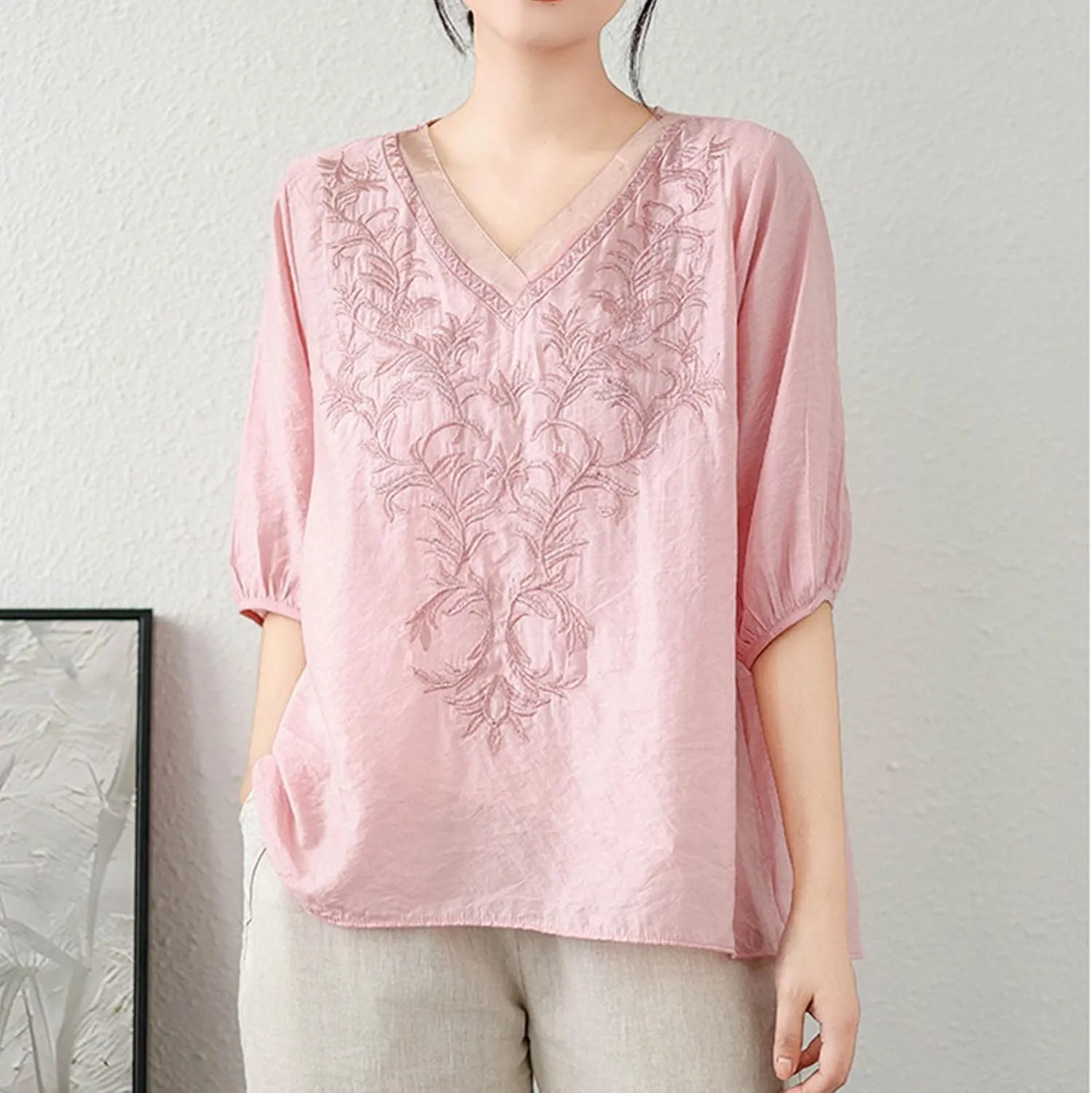 Lmdudan 2025 Summer Embroidered Tops for Women Cotton Linen Tees Half Sleeve V Neck Blouses Breathable Soft Comfy Shirts