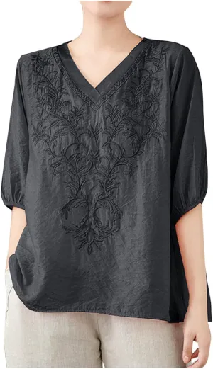 Lmdudan 2025 Summer Embroidered Tops for Women Cotton Linen Tees Half Sleeve V Neck Blouses Breathable Soft Comfy Shirts