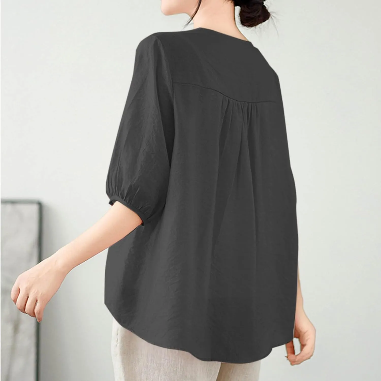 Lmdudan 2025 Summer Embroidered Tops for Women Cotton Linen Tees Half Sleeve V Neck Blouses Breathable Soft Comfy Shirts