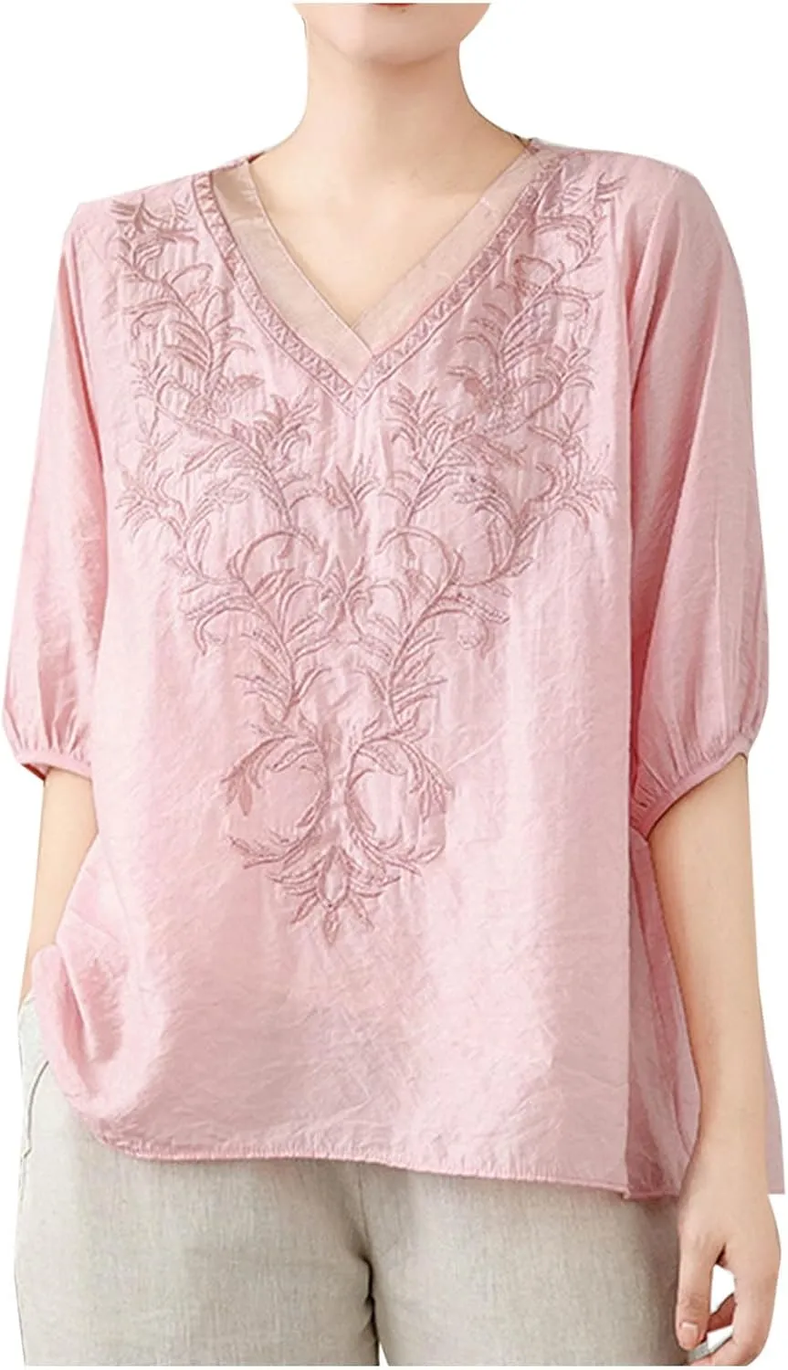 Lmdudan 2025 Summer Embroidered Tops for Women Cotton Linen Tees Half Sleeve V Neck Blouses Breathable Soft Comfy Shirts