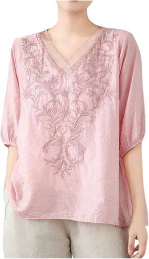 Lmdudan 2025 Summer Embroidered Tops for Women Cotton Linen Tees Half Sleeve V Neck Blouses Breathable Soft Comfy Shirts