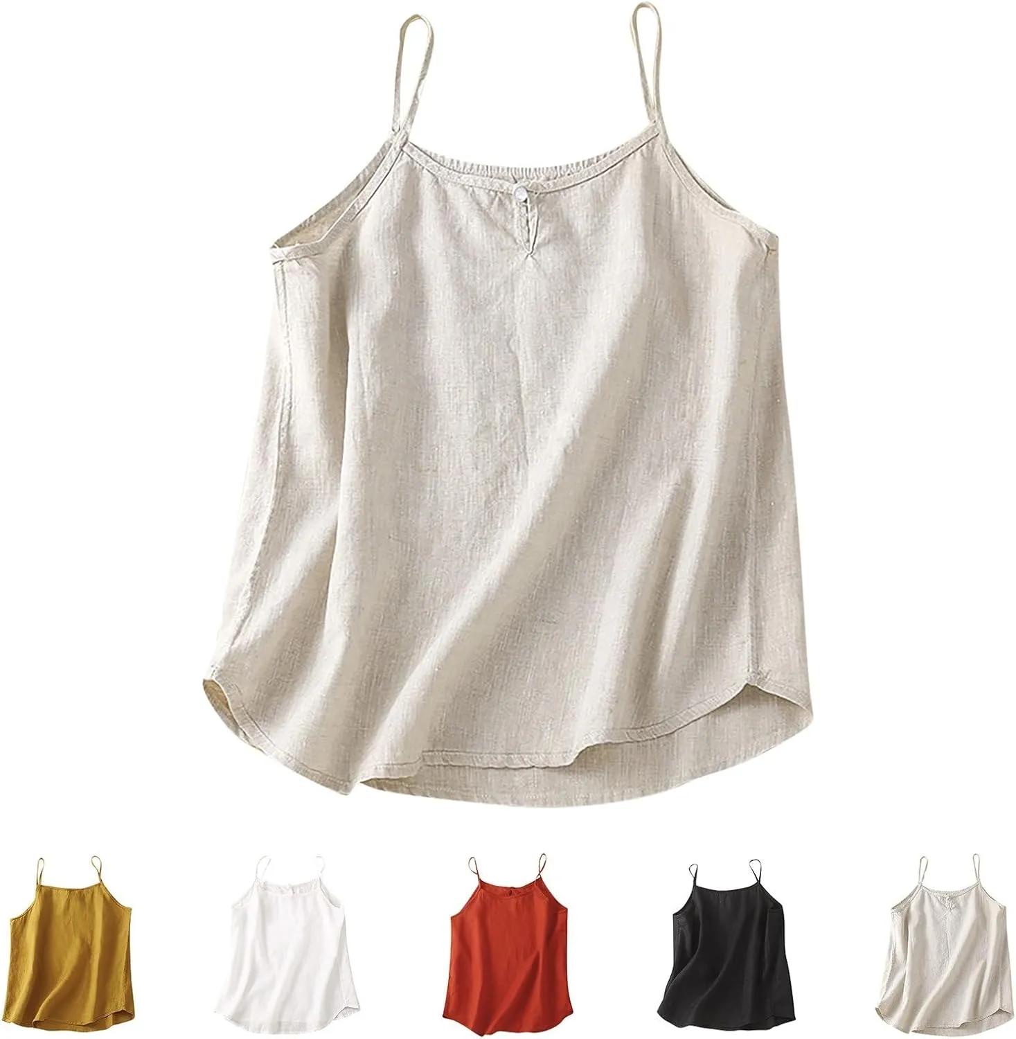 Lmdudan Womens Cotton Linen Camisole Tank Tops Causal O-Neck Sleeveless Top Summer Loose Fit Spaghetti Strap Cami Shirts Tees