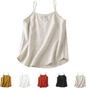Lmdudan Womens Cotton Linen Camisole Tank Tops Causal O-Neck Sleeveless Top Summer Loose Fit Spaghetti Strap Cami Shirts Tees