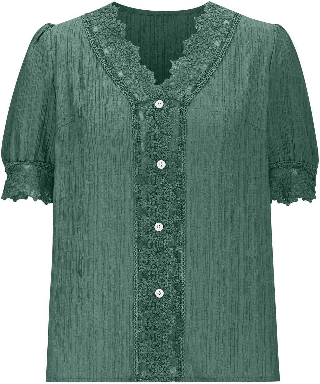 Lmdudan Womens Dressy Casual Blouse Short Puff Sleeve V Neck Lace Tops 2025 Summer Trendy Cute Ladies Business Work Shirts