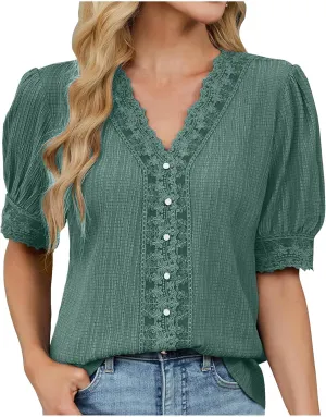 Lmdudan Womens Dressy Casual Blouse Short Puff Sleeve V Neck Lace Tops 2025 Summer Trendy Cute Ladies Business Work Shirts