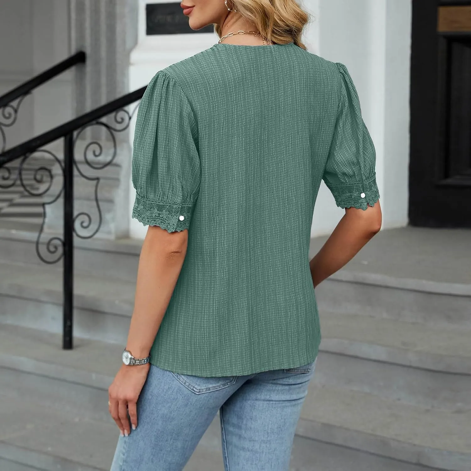 Lmdudan Womens Dressy Casual Blouse Short Puff Sleeve V Neck Lace Tops 2025 Summer Trendy Cute Ladies Business Work Shirts