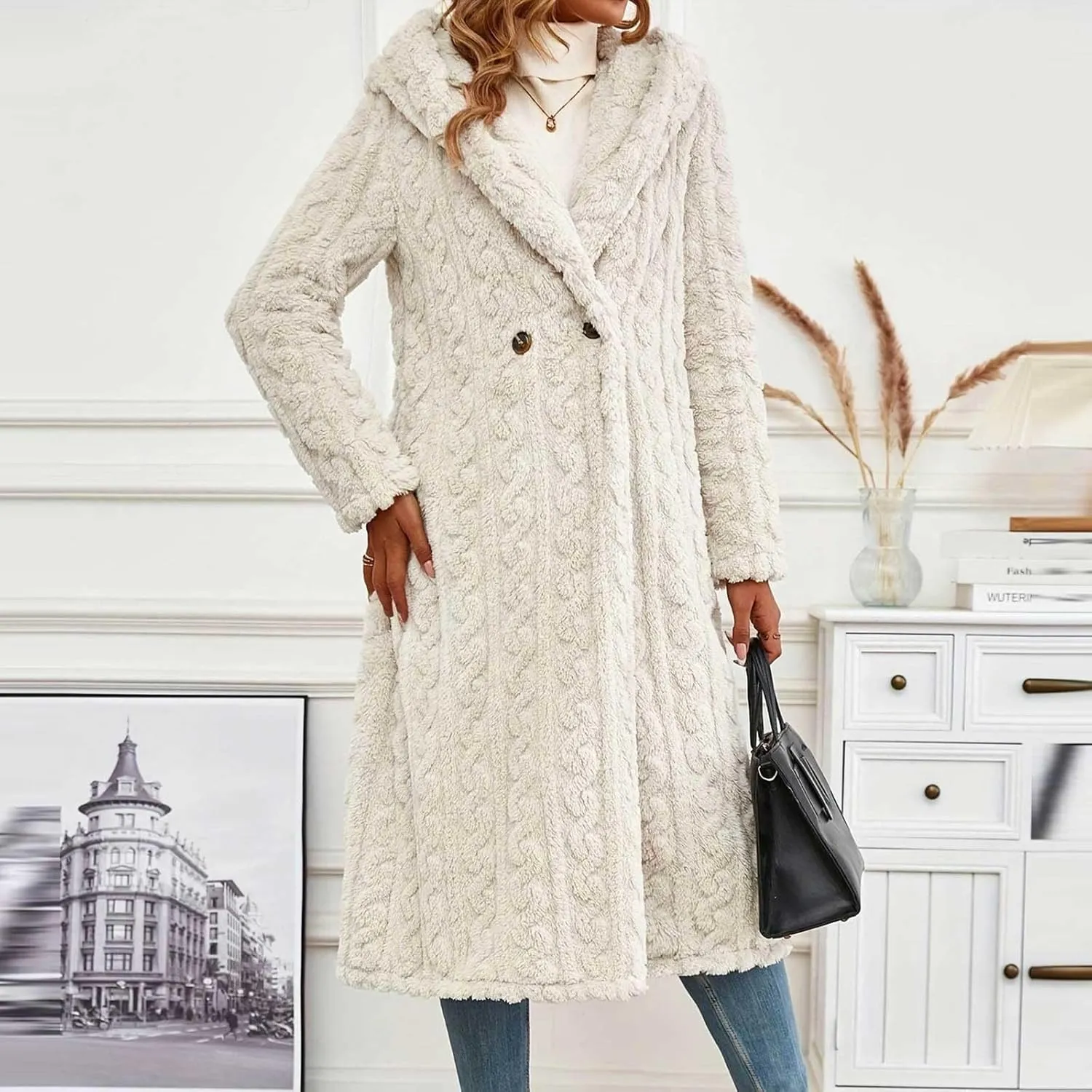 Long Jacket for Women Long Sleeve Sherpa Lined Loose Fit Casual Jackets Fuzzy Fleece Warm Open Front Hooded Cardigan