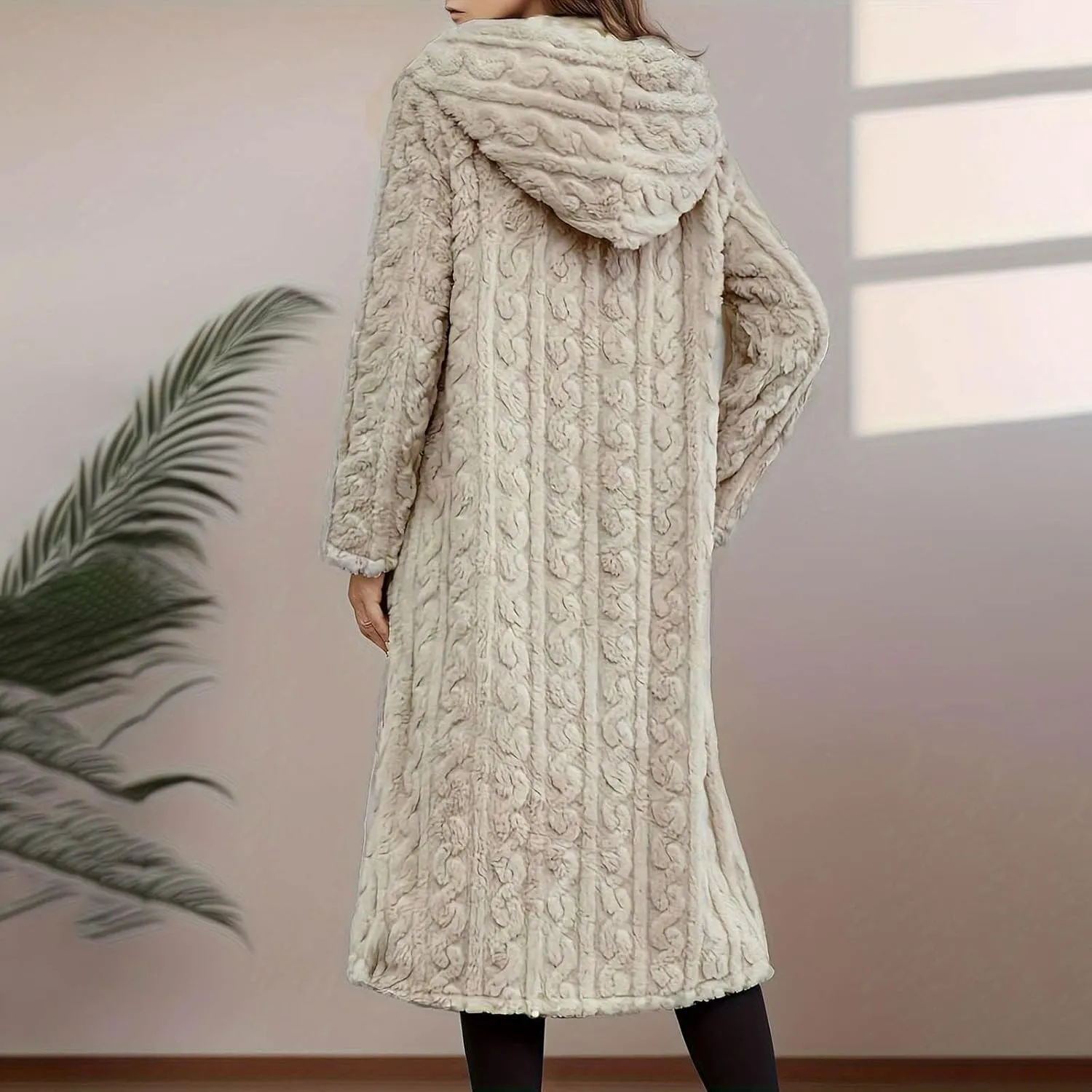Long Jacket for Women Long Sleeve Sherpa Lined Loose Fit Casual Jackets Fuzzy Fleece Warm Open Front Hooded Cardigan