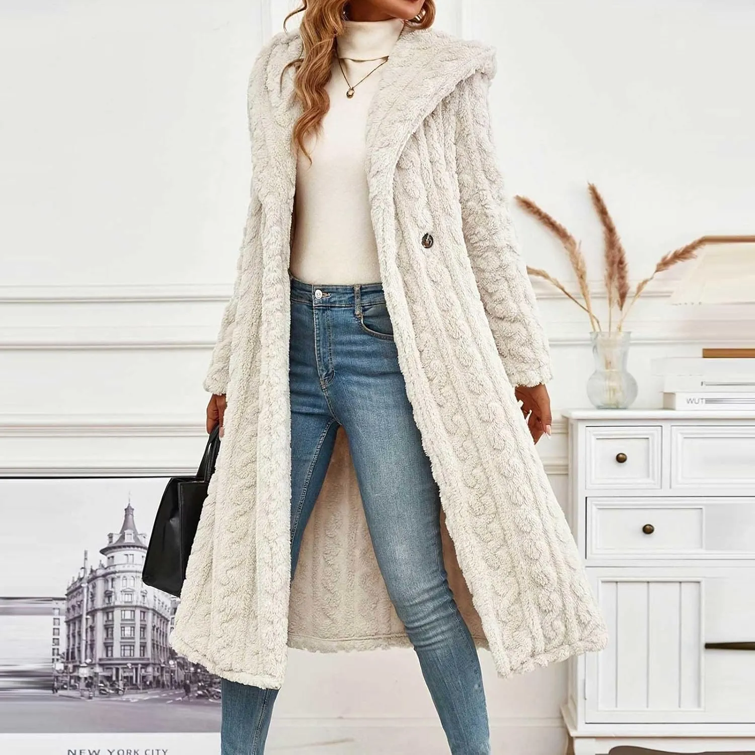 Long Jacket for Women Long Sleeve Sherpa Lined Loose Fit Casual Jackets Fuzzy Fleece Warm Open Front Hooded Cardigan