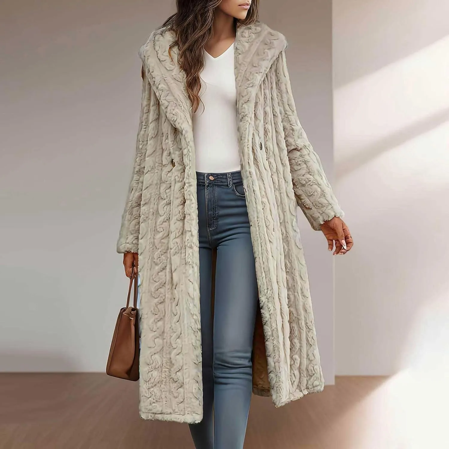 Long Jacket for Women Long Sleeve Sherpa Lined Loose Fit Casual Jackets Fuzzy Fleece Warm Open Front Hooded Cardigan