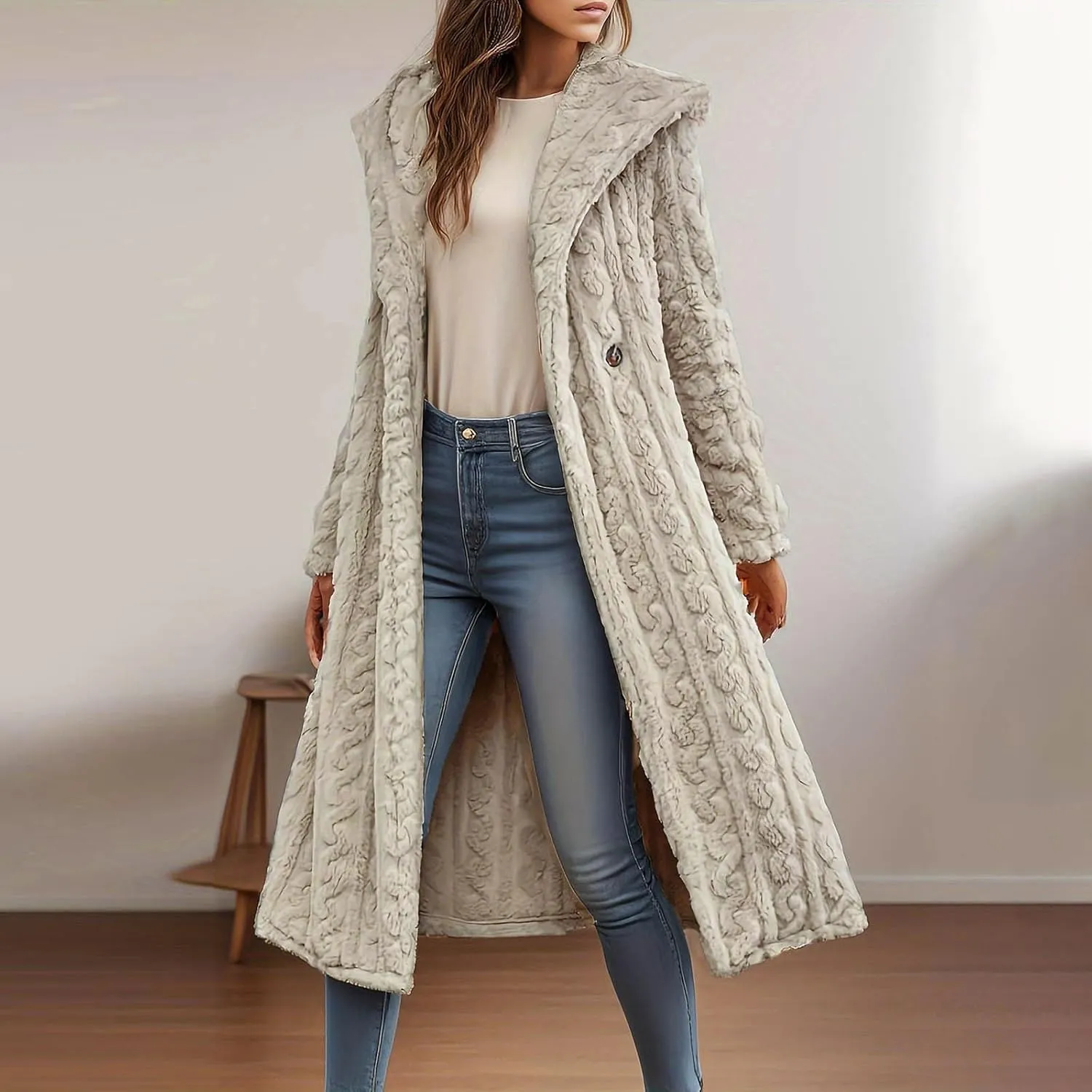 Long Jacket for Women Long Sleeve Sherpa Lined Loose Fit Casual Jackets Fuzzy Fleece Warm Open Front Hooded Cardigan