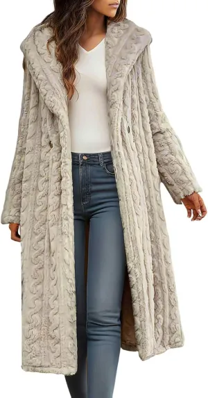 Long Jacket for Women Long Sleeve Sherpa Lined Loose Fit Casual Jackets Fuzzy Fleece Warm Open Front Hooded Cardigan