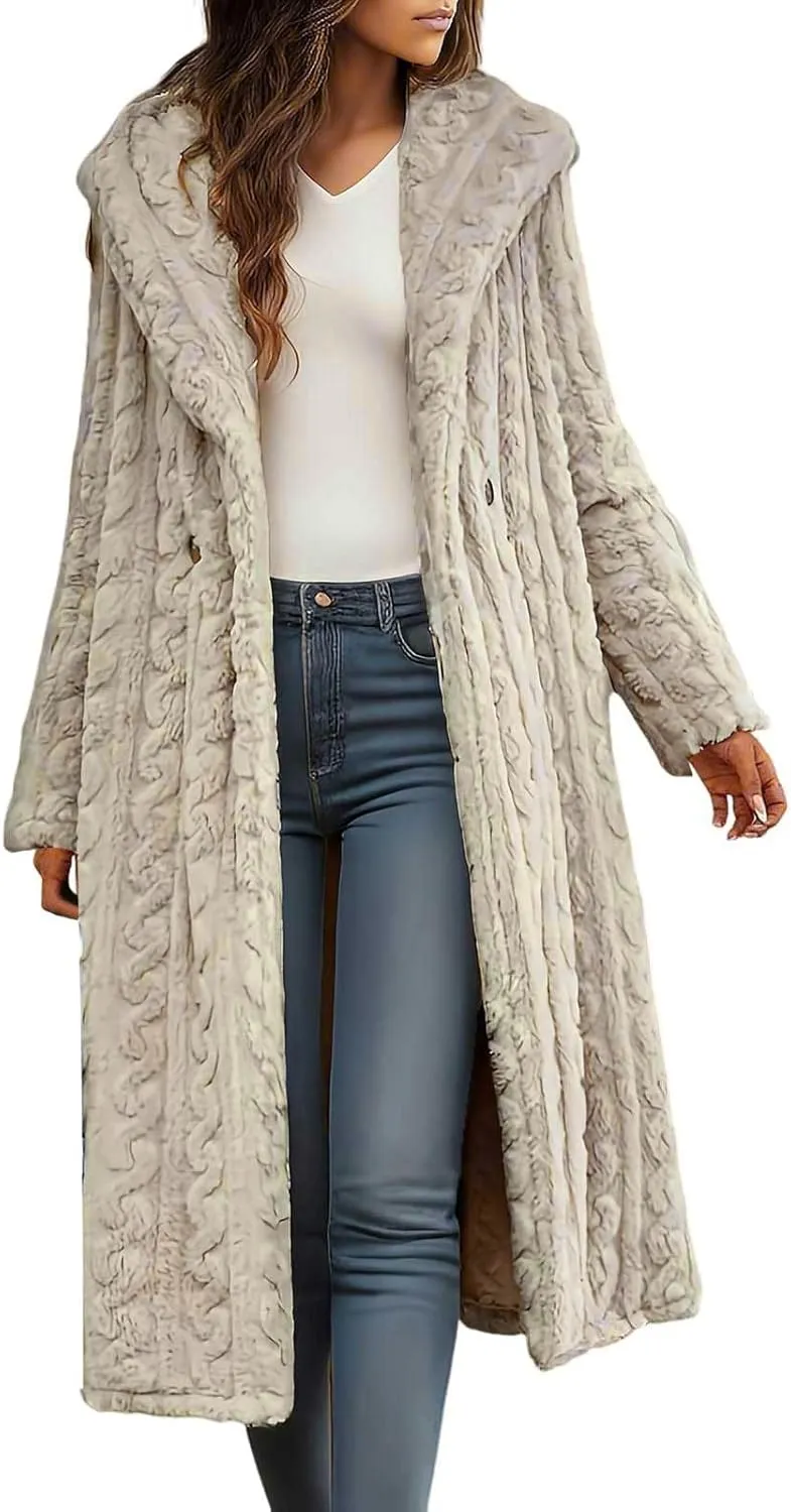 Long Jacket for Women Long Sleeve Sherpa Lined Loose Fit Casual Jackets Fuzzy Fleece Warm Open Front Hooded Cardigan