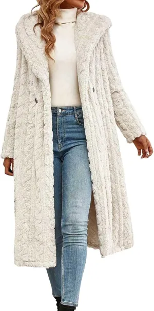 Long Jacket for Women Long Sleeve Sherpa Lined Loose Fit Casual Jackets Fuzzy Fleece Warm Open Front Hooded Cardigan