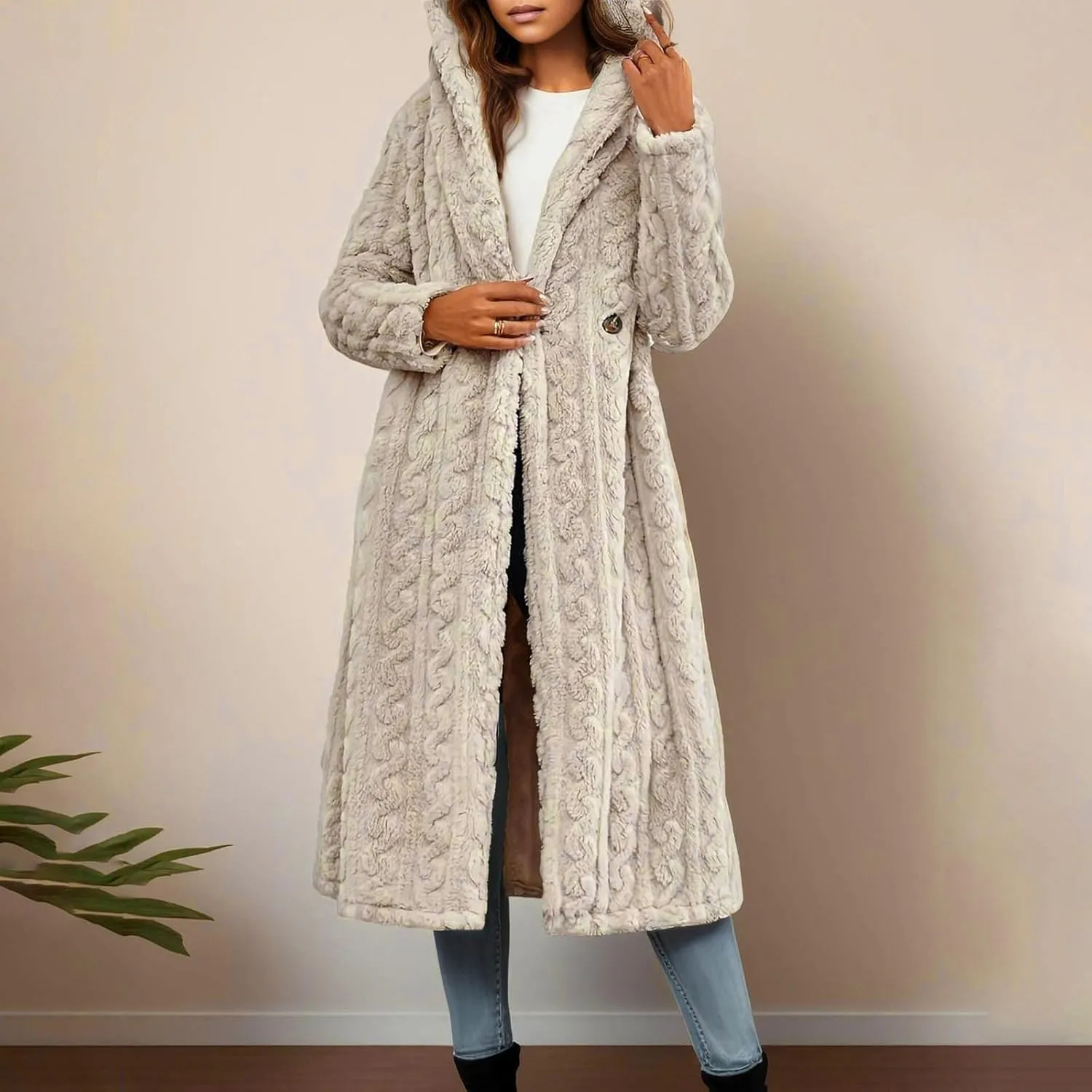 Long Jacket for Women Long Sleeve Sherpa Lined Loose Fit Casual Jackets Fuzzy Fleece Warm Open Front Hooded Cardigan