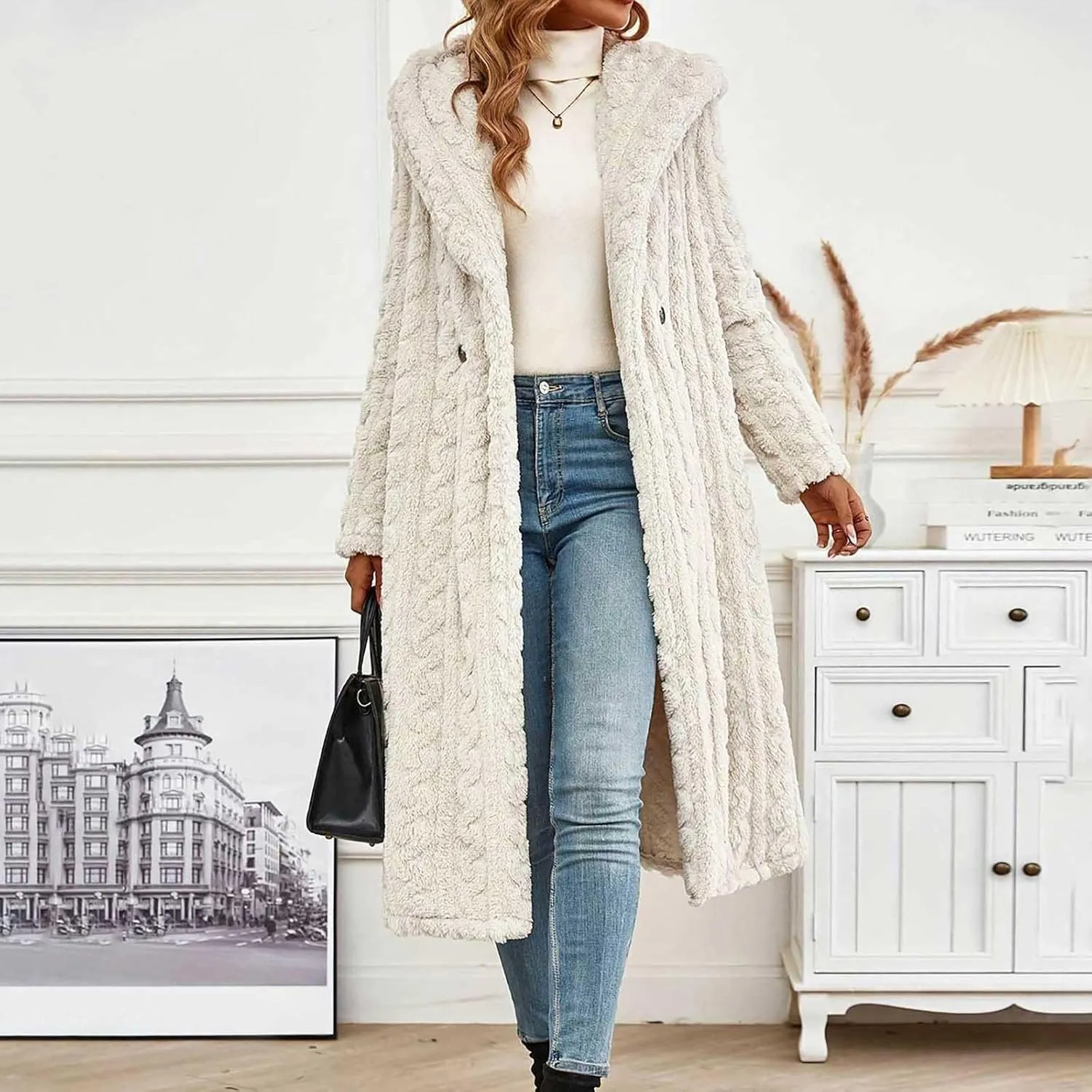 Long Jacket for Women Long Sleeve Sherpa Lined Loose Fit Casual Jackets Fuzzy Fleece Warm Open Front Hooded Cardigan