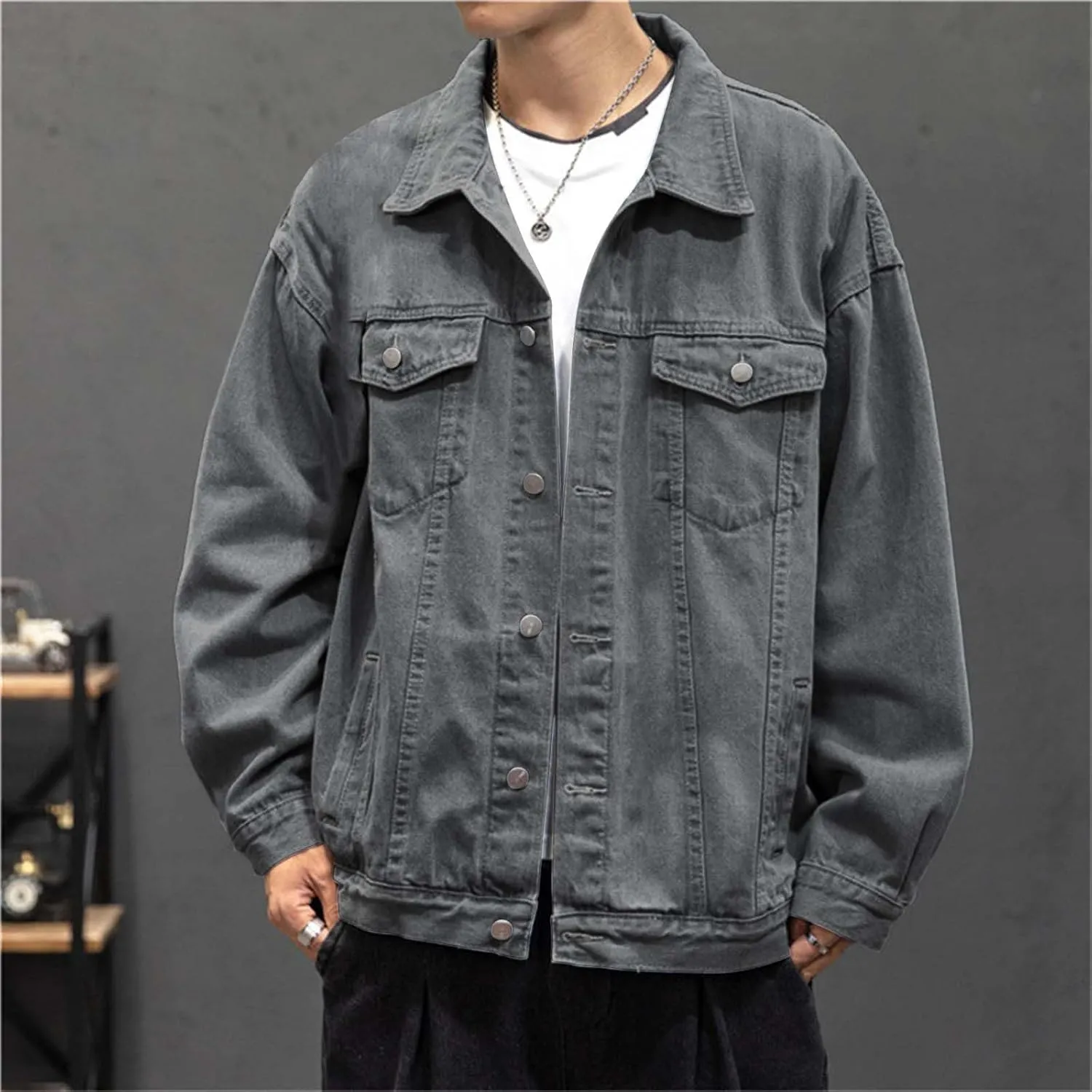 Men Classic Denim Jacket Oversize Loose Button Down Lapel Trucker Cowboy Coat Casual Western Jean Outwear with Pocket