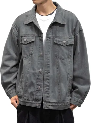 Men Classic Denim Jacket Oversize Loose Button Down Lapel Trucker Cowboy Coat Casual Western Jean Outwear with Pocket